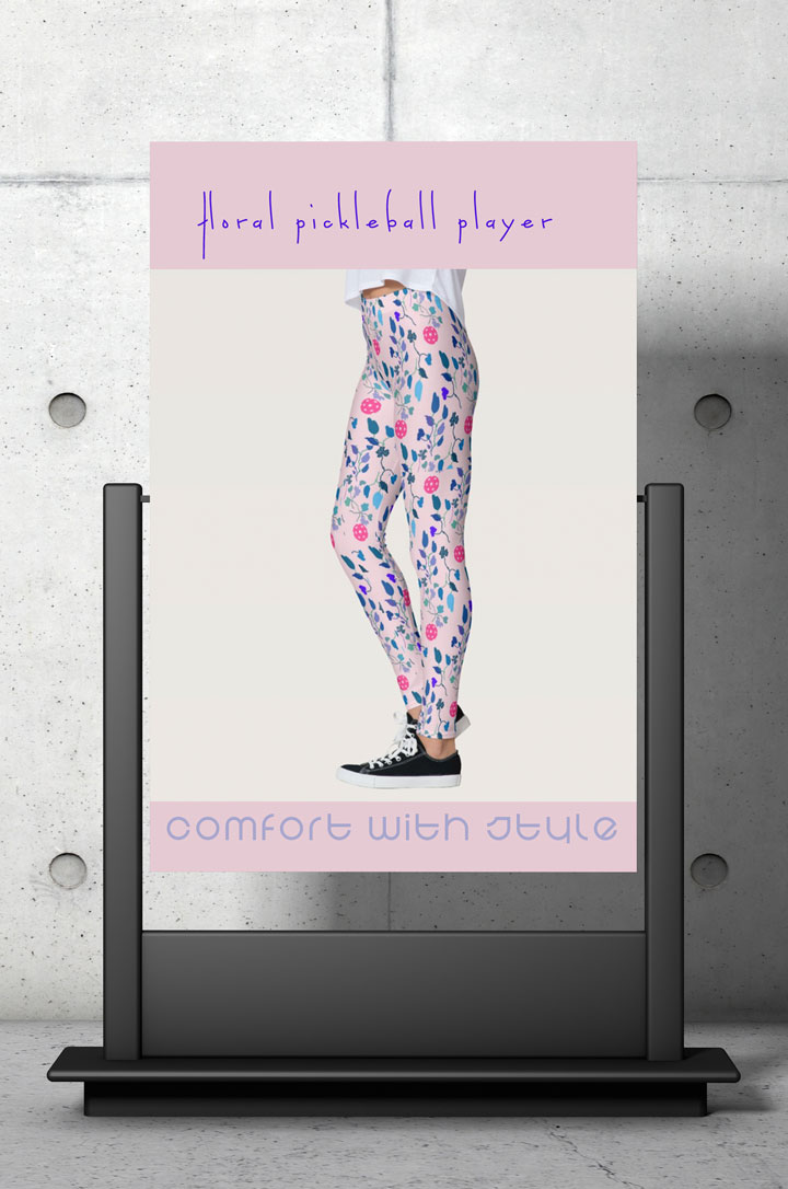 Pink and blue floral pattern pickleball leggings for women